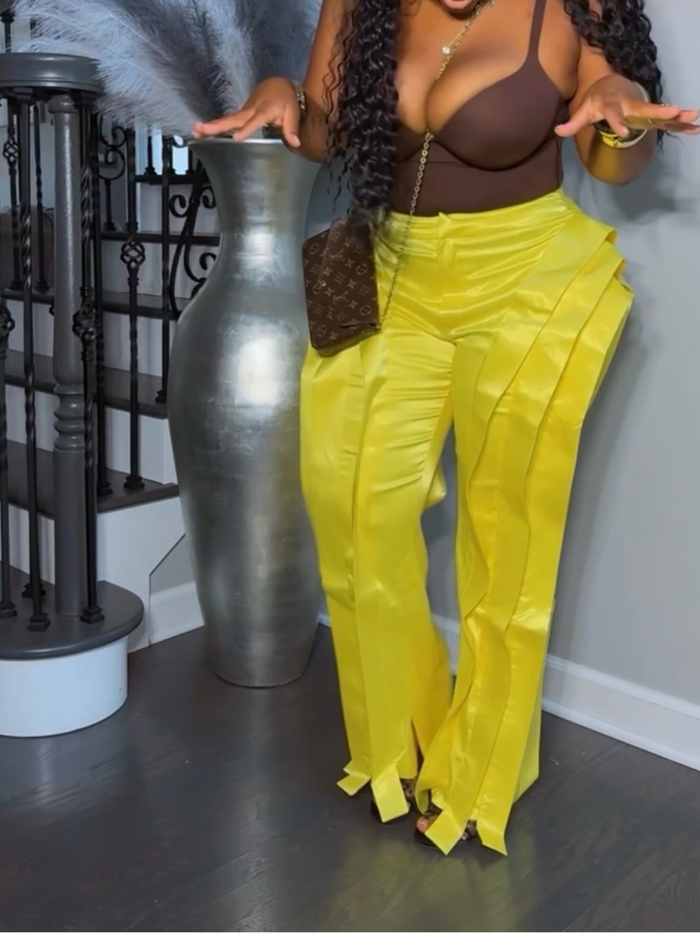 High-Waist Yellow Satin Wide-Leg Pants - Picture 4 of 8